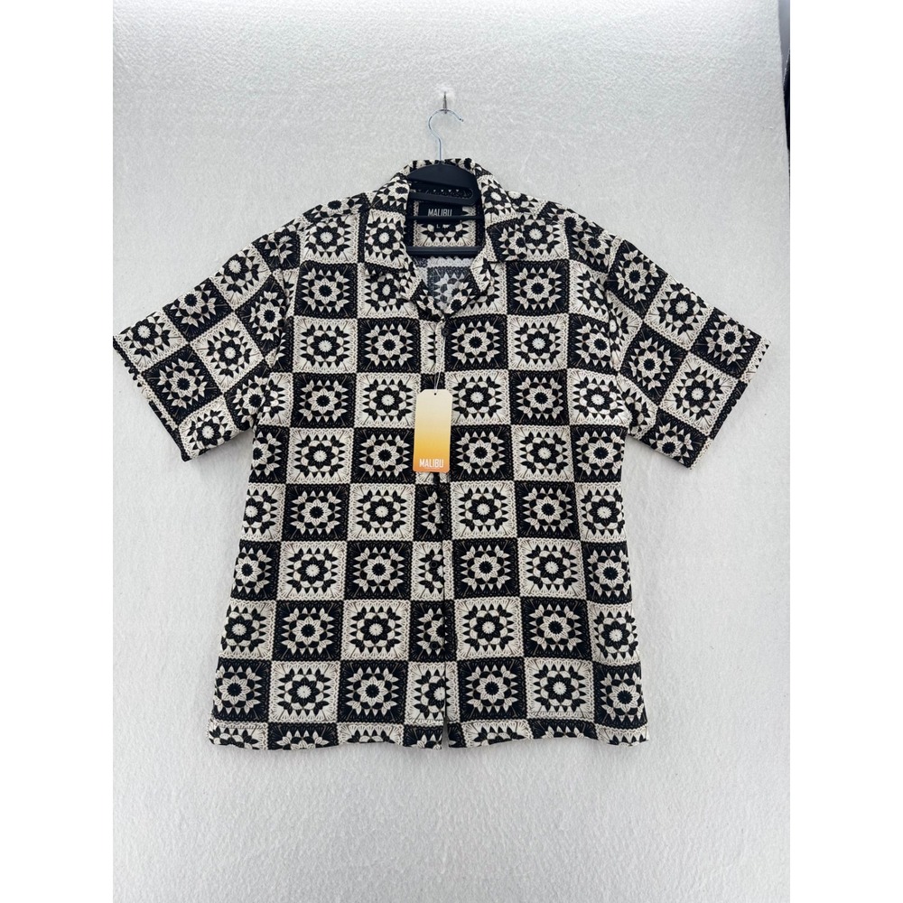Malibu - Button‎ Down Shirt Linen Look Geometric Tile - Black/Natural - L - Mens